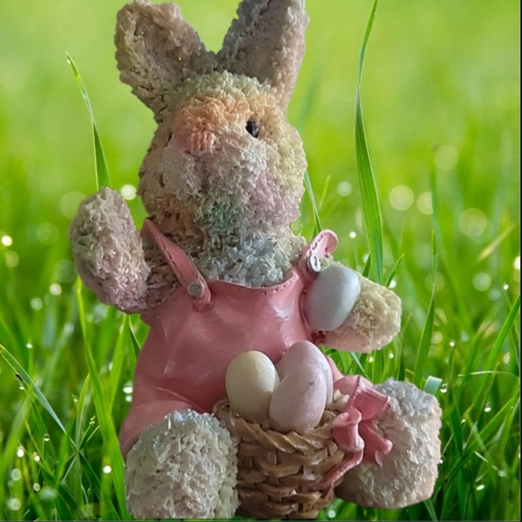 Distributed by Bentony Inc Other - Hand Painted Bunny Figurine Pink Overalls Basket Pastel Eggs Approx 5.5"